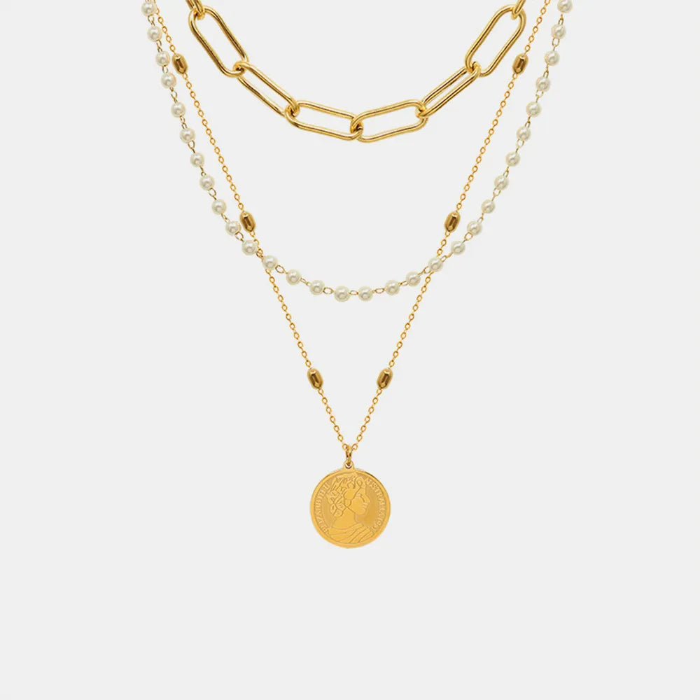 Synthetic Pearl Titanium Steel Three-Layered Necklace - Korvel