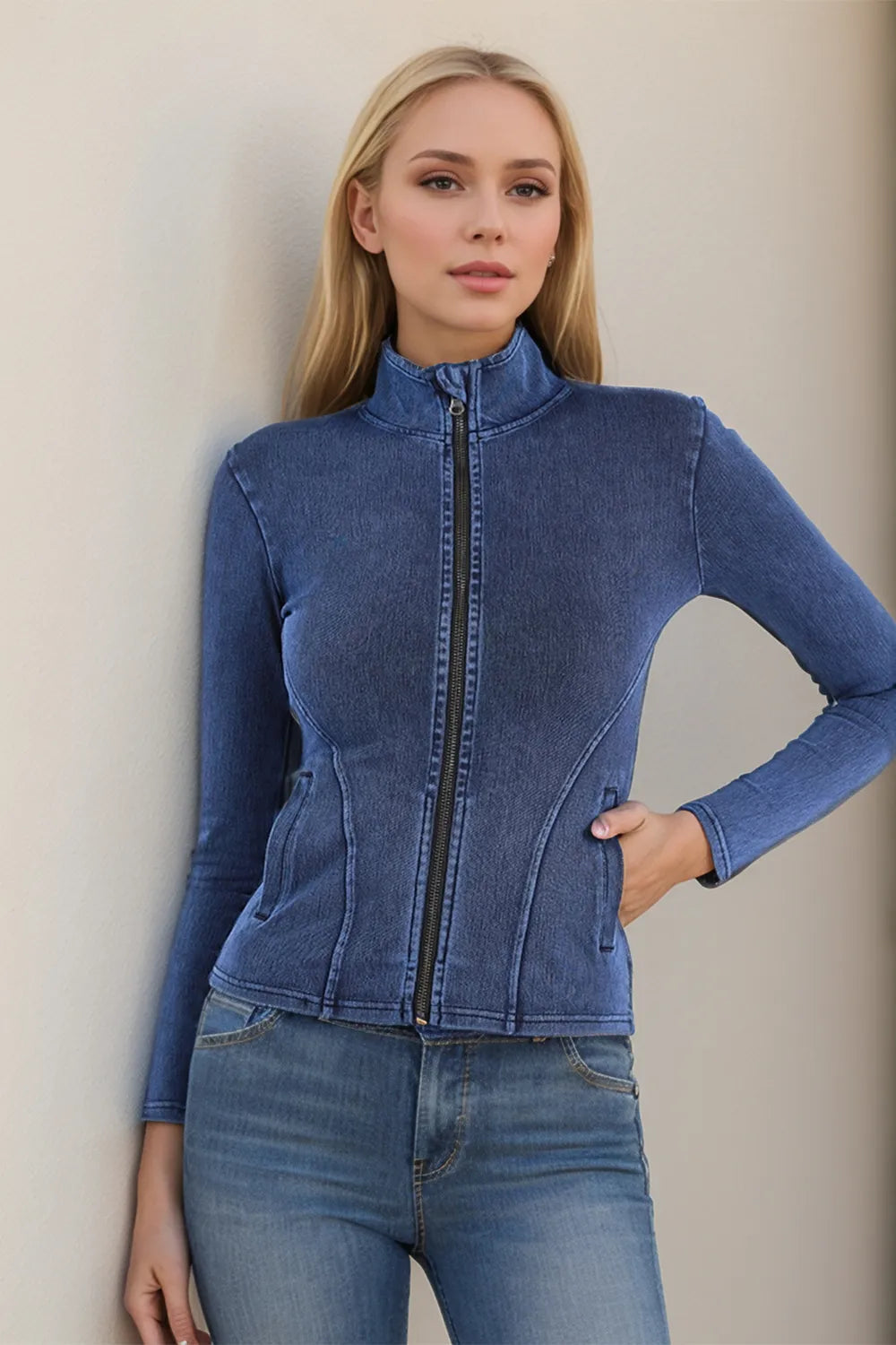 Pocketed Turtleneck Zip Up Denim Top - Korvel