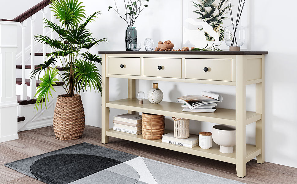 Table Console Rétro avec Étagères Ouvertes - Espresso et Beige