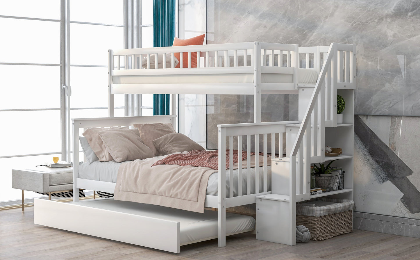 Elegant Twin over Full Bunk Bed with Trundle and Staircase - White