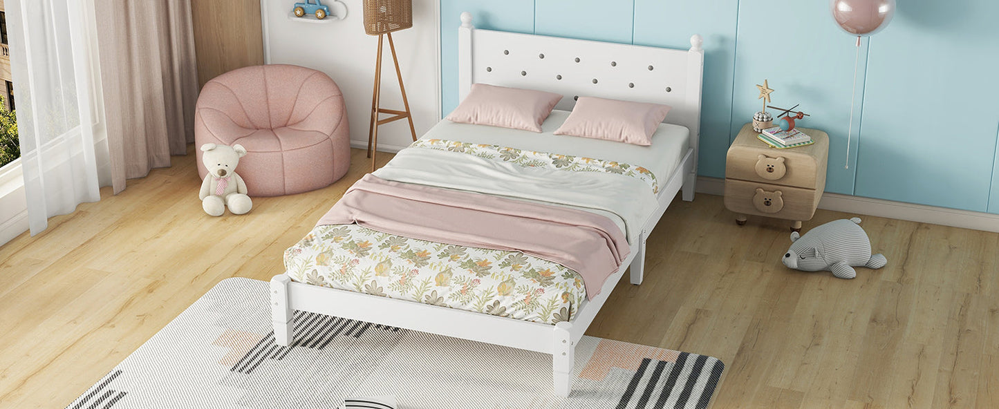 Twin Bed with Button-Decoration Headboard, with Bed Slats,White - Korvel