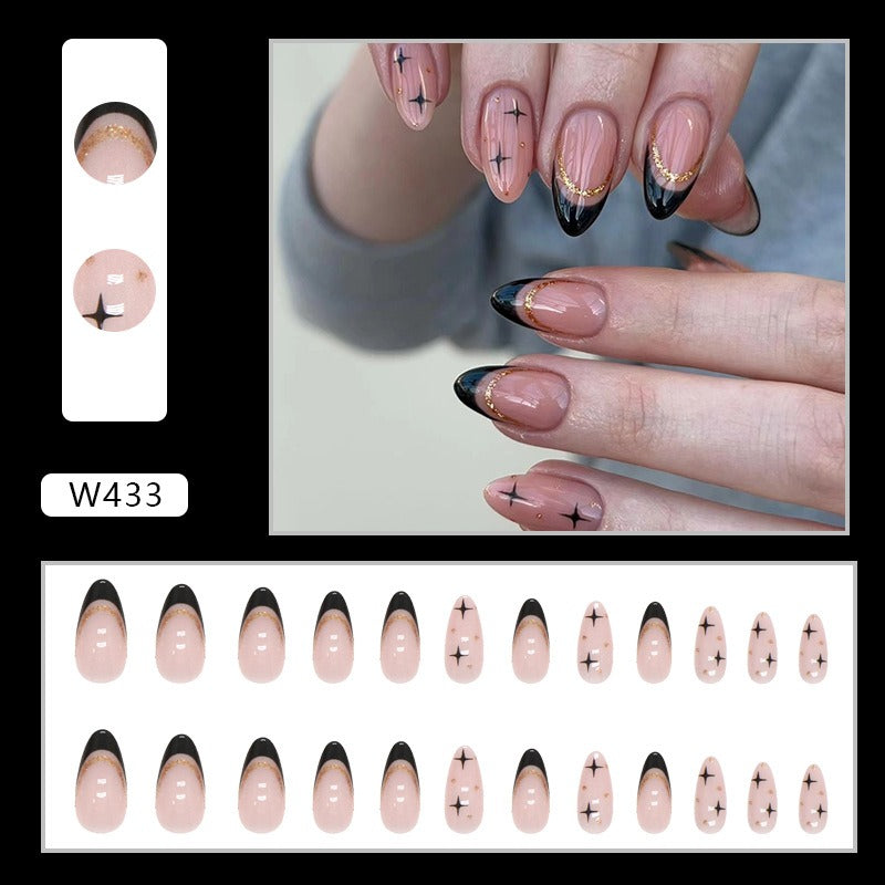 Sweet cool black French flash gold powder almond nails European and American fake nails removable nail pieces - Korvel