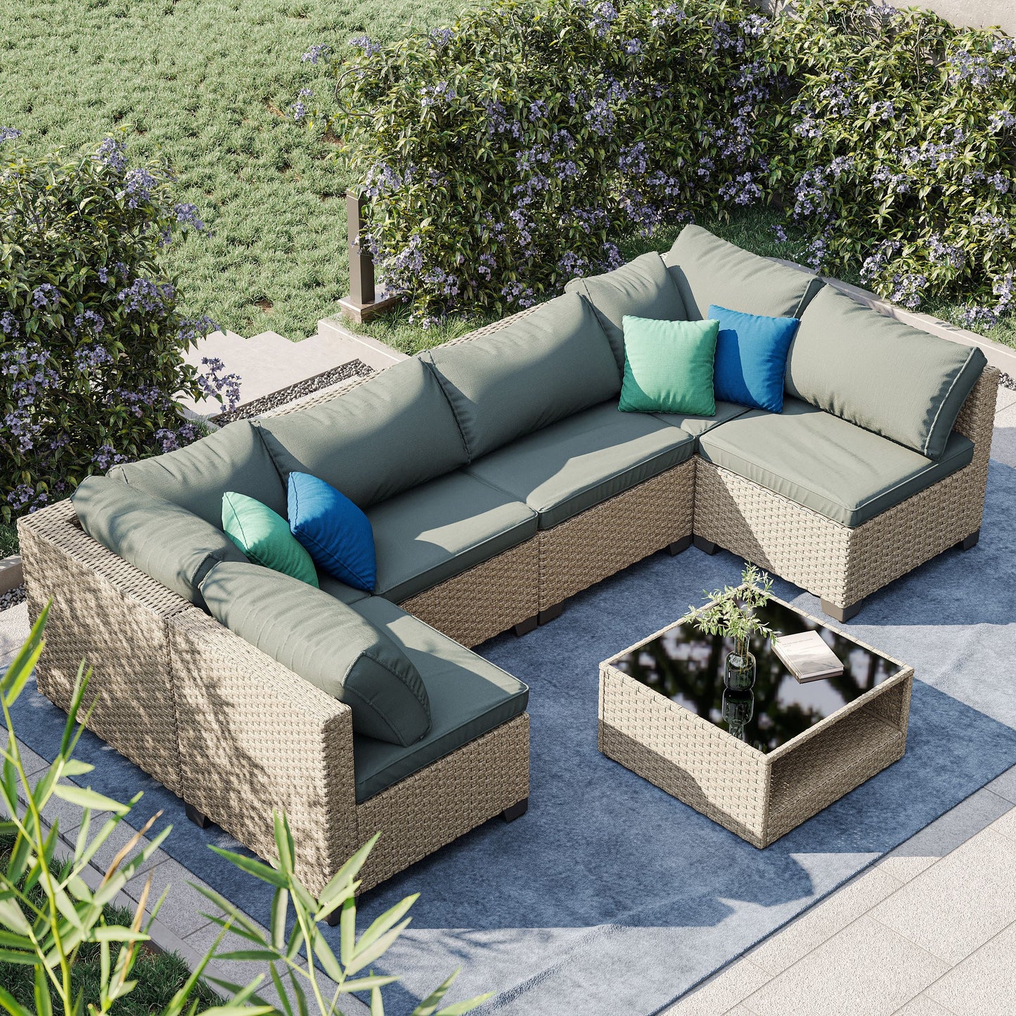 7-Piece Patio Furniture Set, All-Weather Boho Outdoor Conversation Set Sectional Sofa with Water Resistant Grey Thick Cushions - Korvel