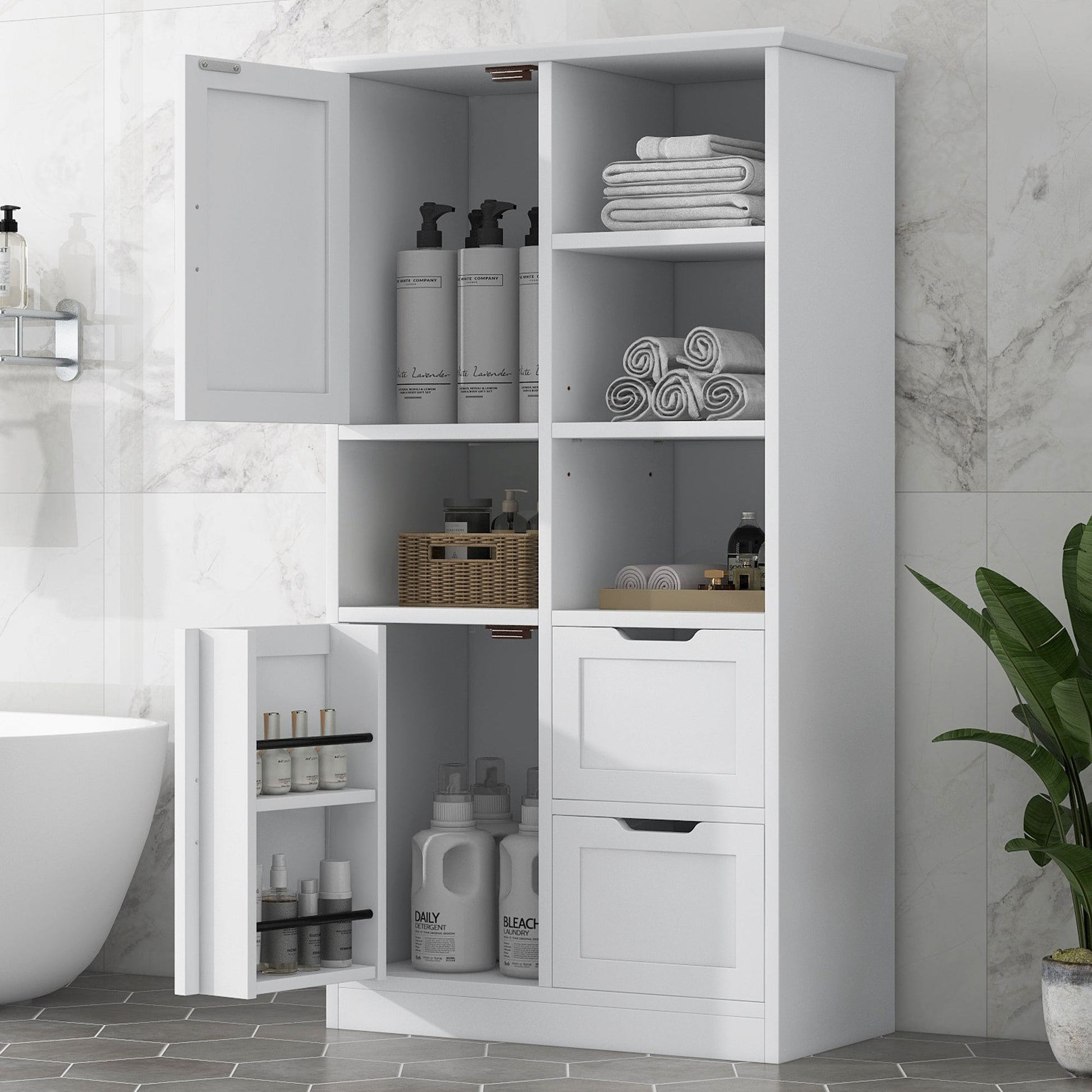 Bathroom storage cabinet with doors and drawers, multiple storage spaces, independent, open adjustable shelves, white - Korvel