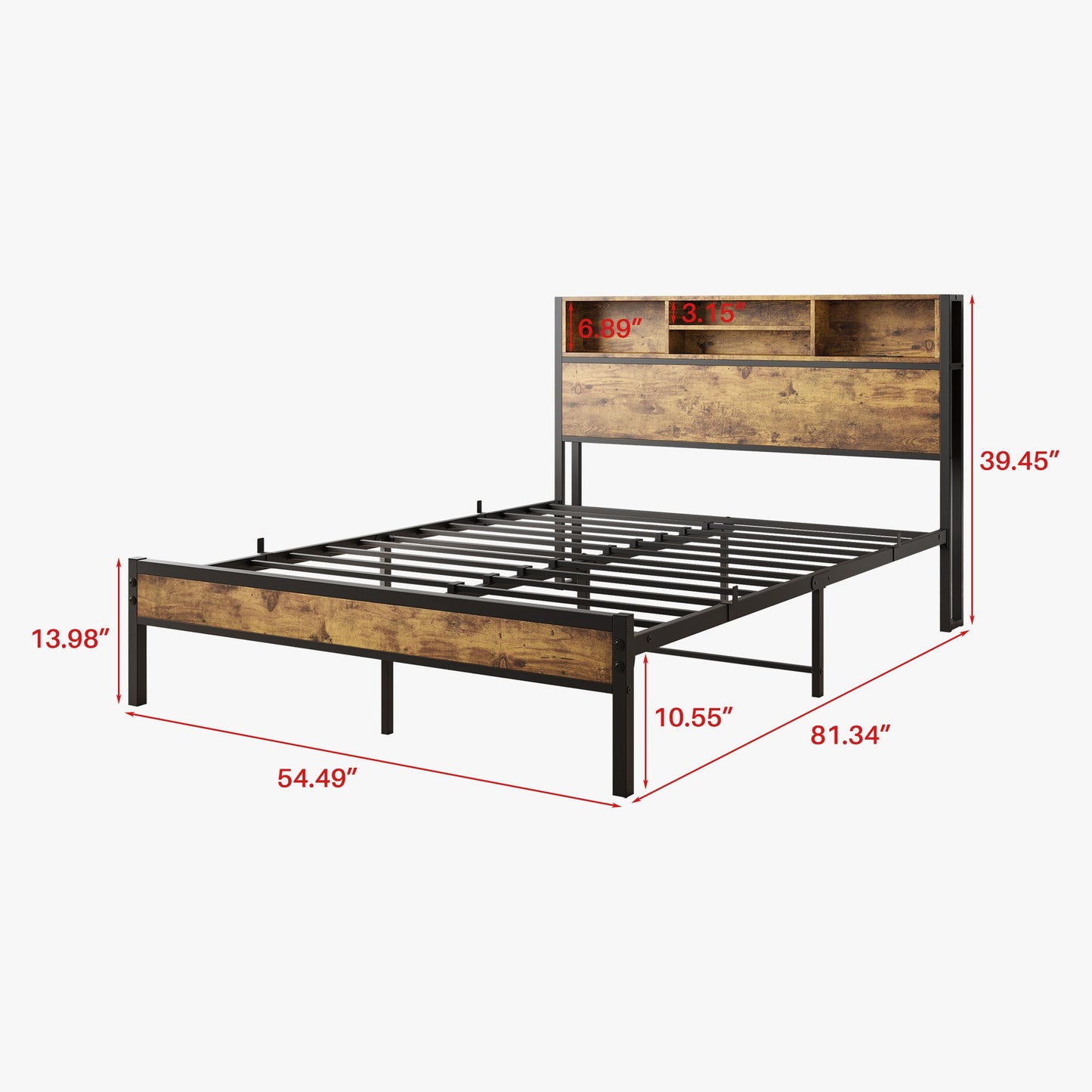 Full Size Bed Frame with Storage Headboard Metal Platform Bed with Charging Station Black - Korvel