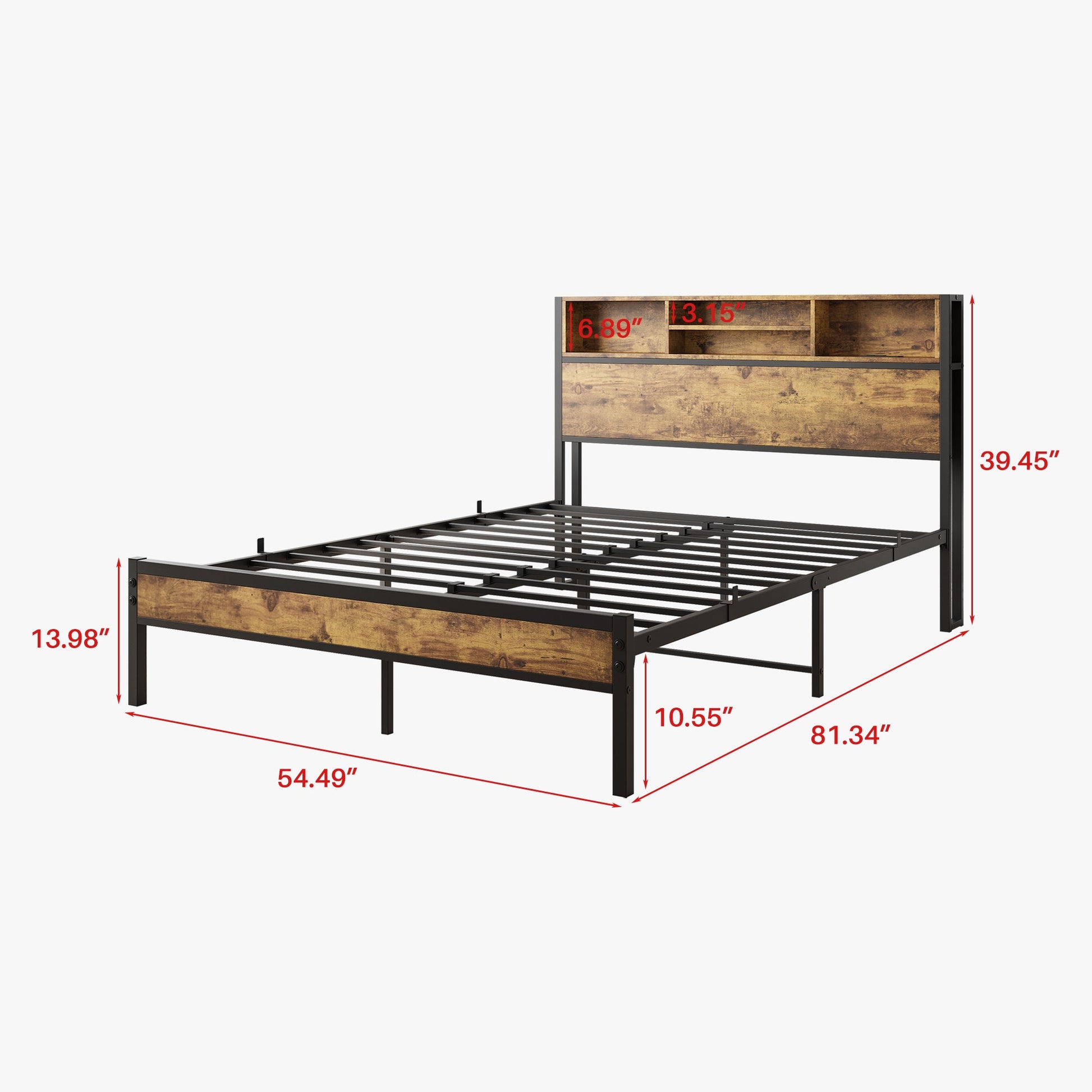 Full Size Bed Frame with Storage Headboard Metal Platform Bed with Charging Station Black - Korvel