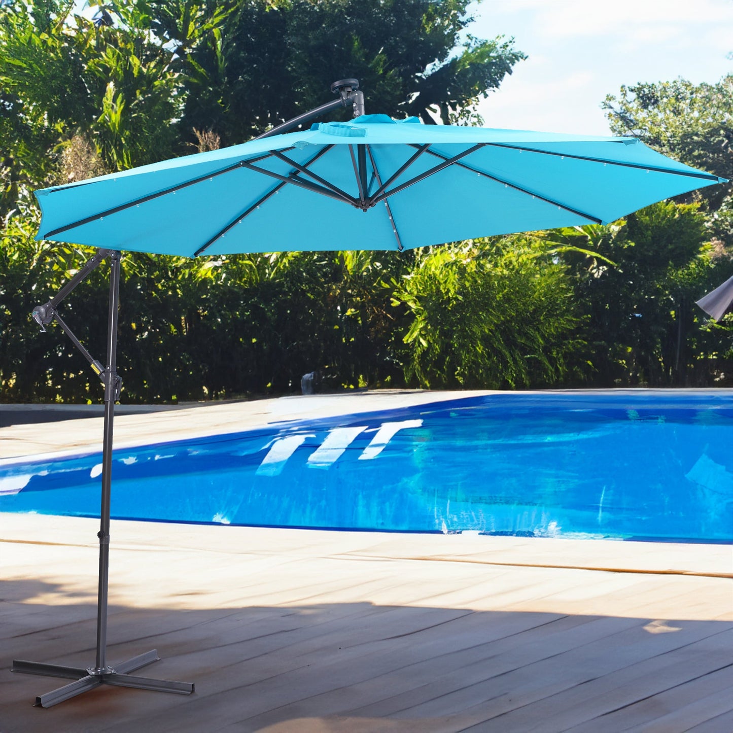 10 FT Solar LED Patio Outdoor Umbrella Hanging Cantilever Umbrella Offset Umbrella Easy Open Adustment with 32 LED Lights - Korvel