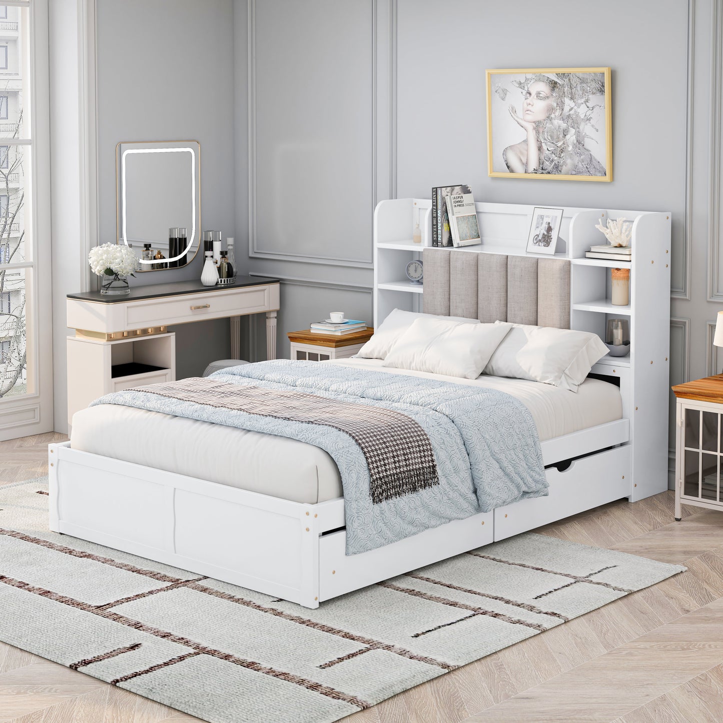 Multi-functional Full Size Bed Frame with 4 Under-bed Portable Storage Drawers and Multi-tier Bedside Storage Shelves White - Korvel