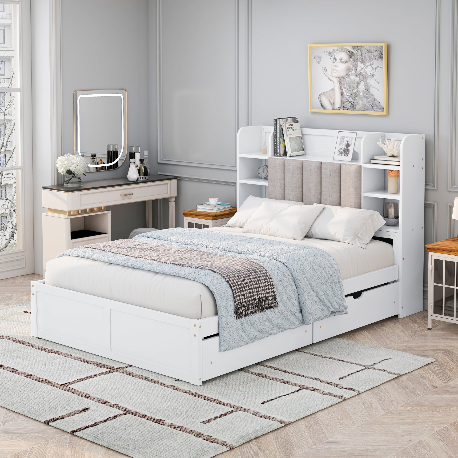 Multi-functional Full Size Bed Frame with 4 Under-bed Portable Storage Drawers and Multi-tier Bedside Storage Shelves White - Korvel