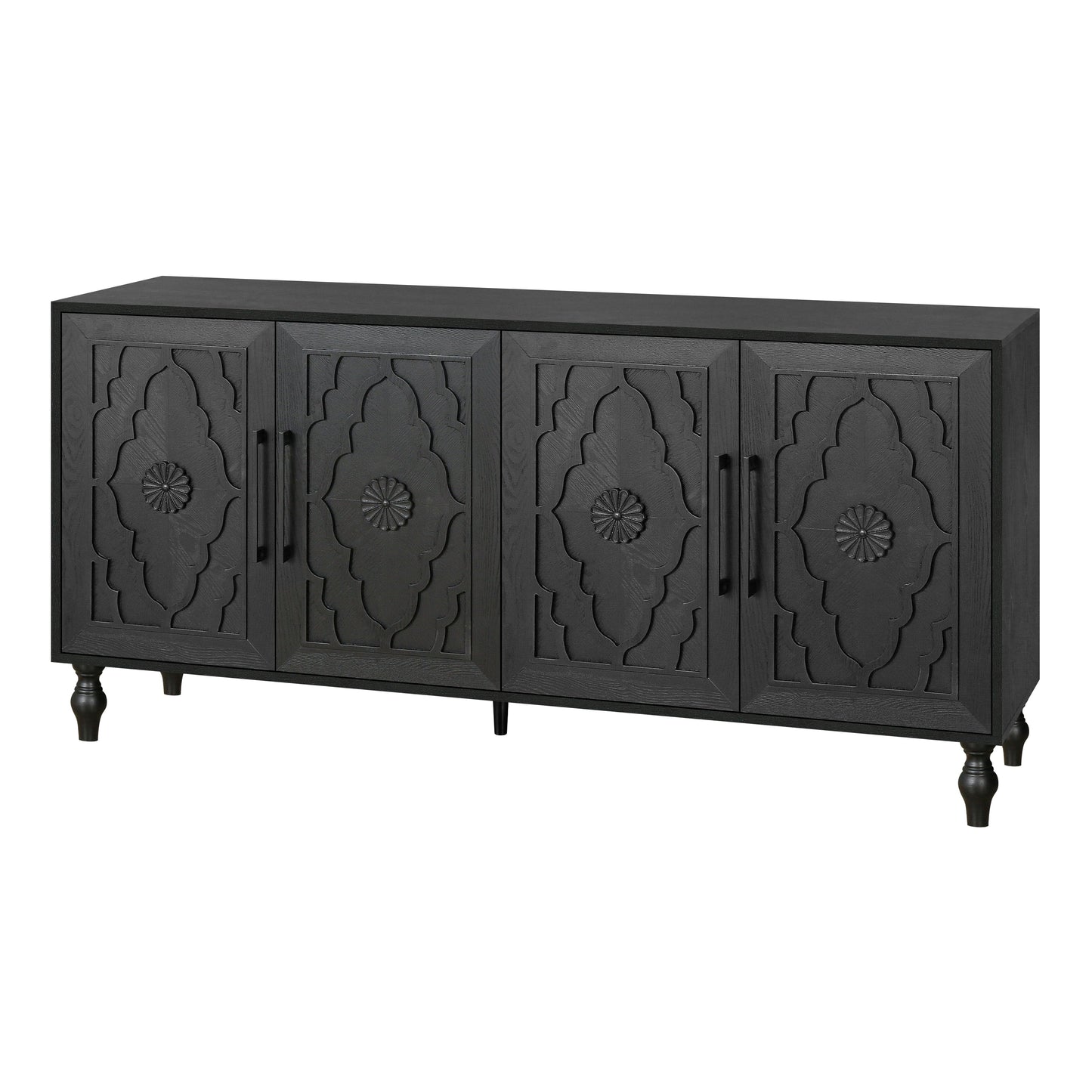 Carved Flower Door Large Storage Cabinet With Metal Handle Suitable For Living Room, Kitchen, Entryway(BLACK) - Korvel