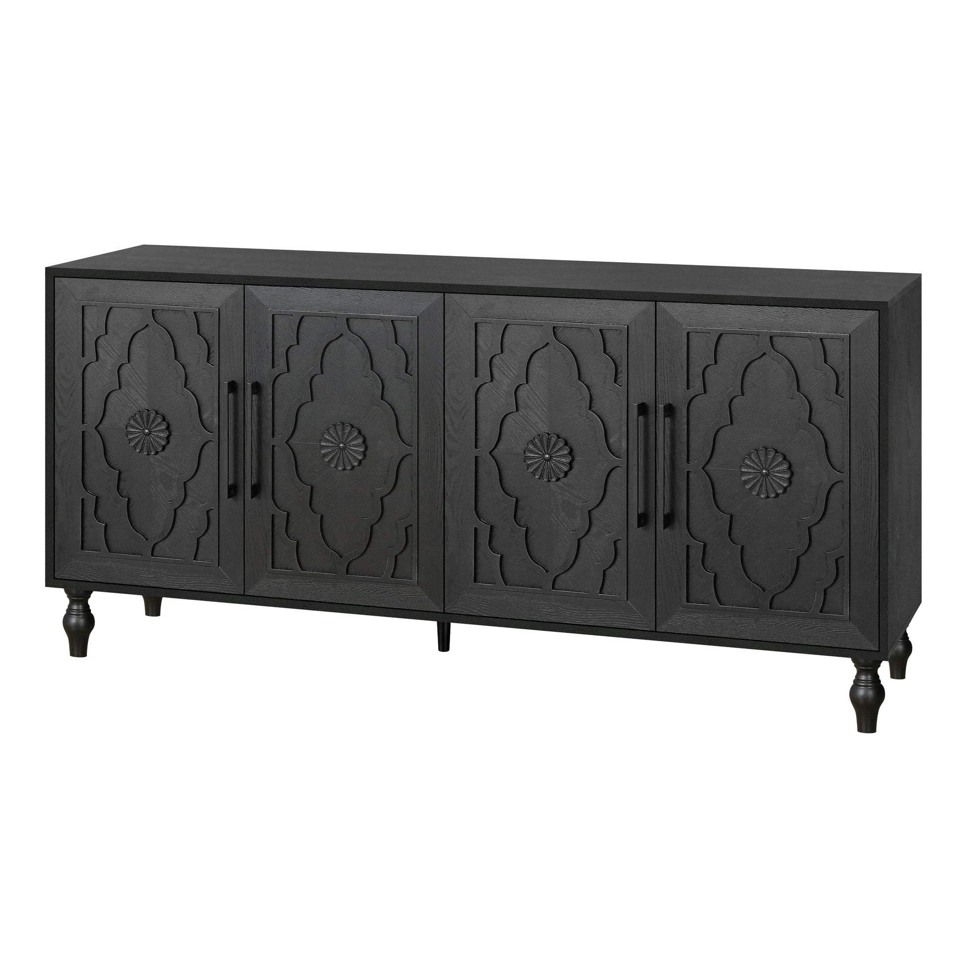 Carved Flower Door Large Storage Cabinet With Metal Handle Suitable For Living Room, Kitchen, Entryway(BLACK) - Korvel