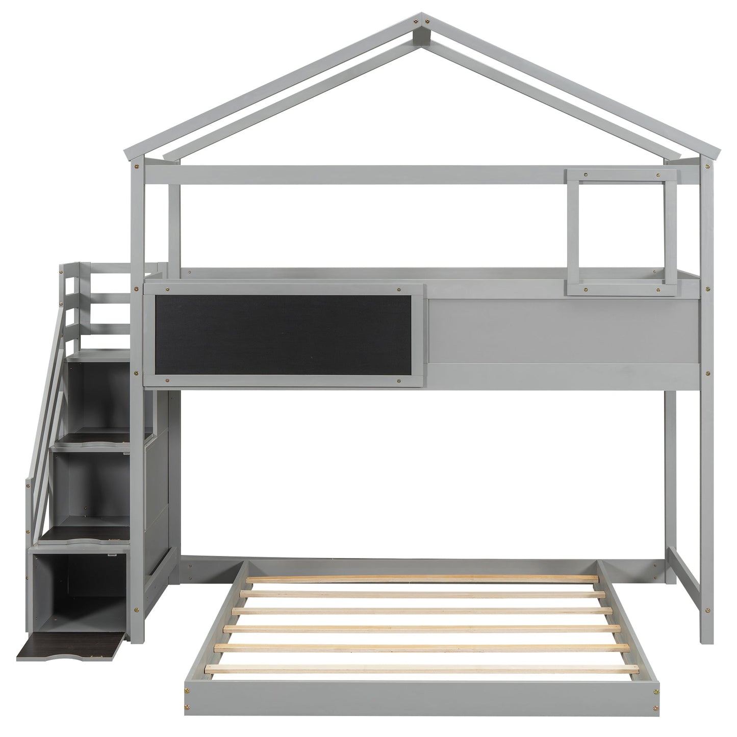 Twin over Full House Bunk Bed with Storage Staircase and Blackboard Gray - Korvel