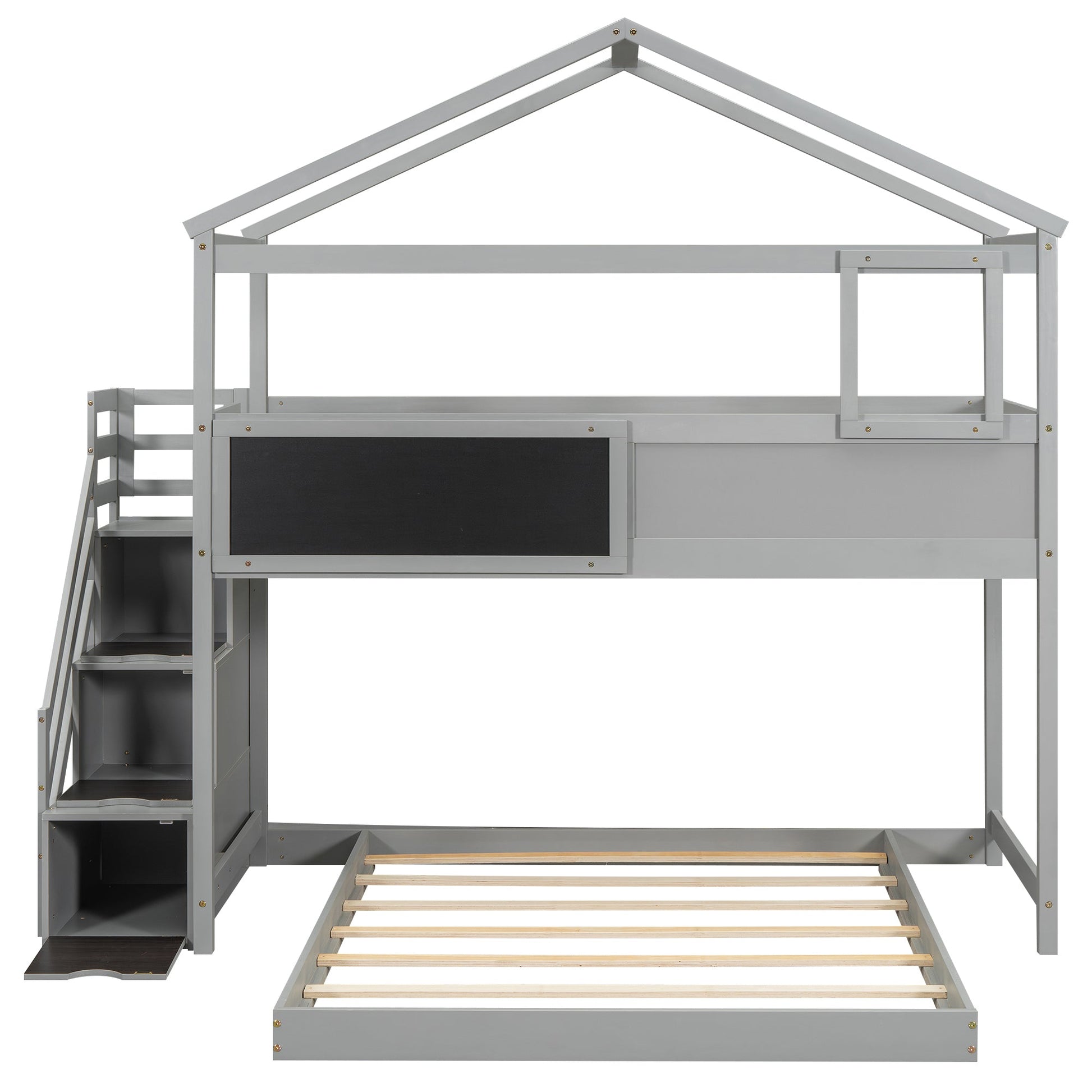 Twin over Full House Bunk Bed with Storage Staircase and Blackboard Gray - Korvel