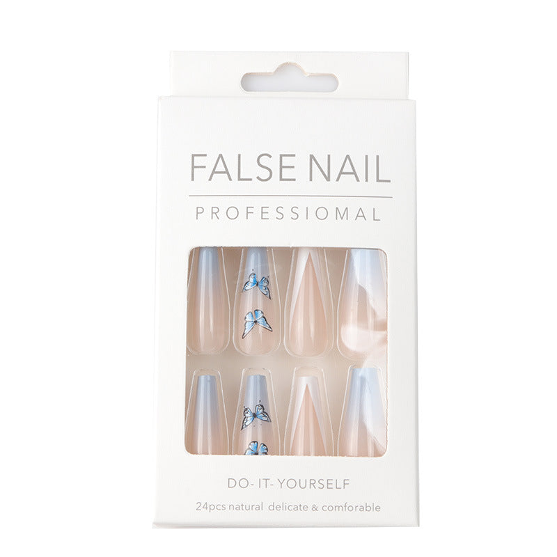 Ins Net Red With The Same Blue Butterfly Point Drill V-Shaped French Style Personality Trend Wearing Manicure Nail Patch - Korvel