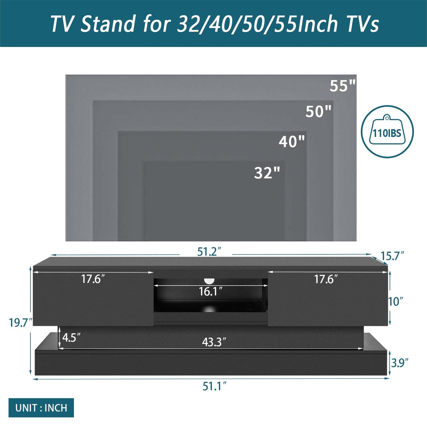 51.18inch Black morden TV Stand with LED Lights high glossy front TV Cabinet color:BLACK - Korvel