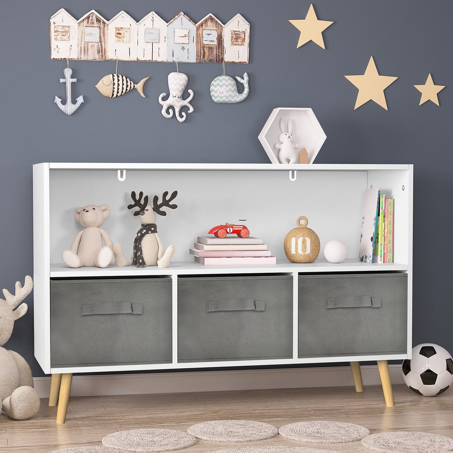 Kids bookcase with Collapsible Fabric Drawers Children's Book Display Toy Storage Cabinet Organizer White/Gray - Korvel