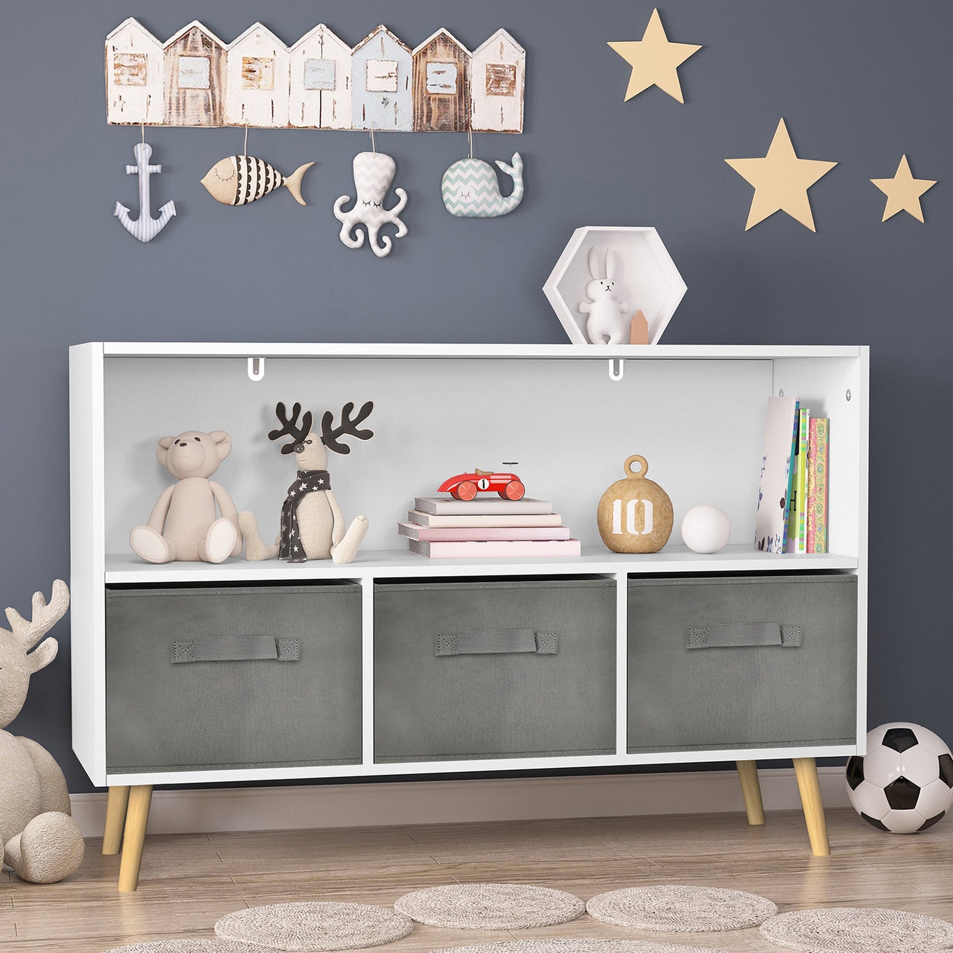 Kids bookcase with Collapsible Fabric Drawers Children's Book Display Toy Storage Cabinet Organizer White/Gray - Korvel