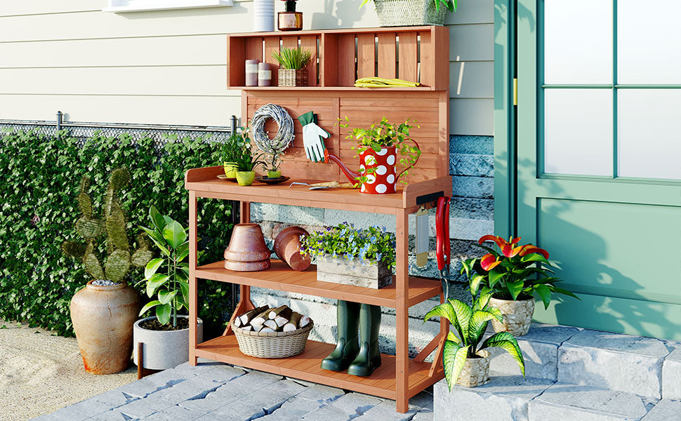 65" Large Wooden Farmhouse Rustic Outdoor Potting Bench Table Garden Potting Bench with 4 Storage Shelves and Side Hook,Natural - Korvel