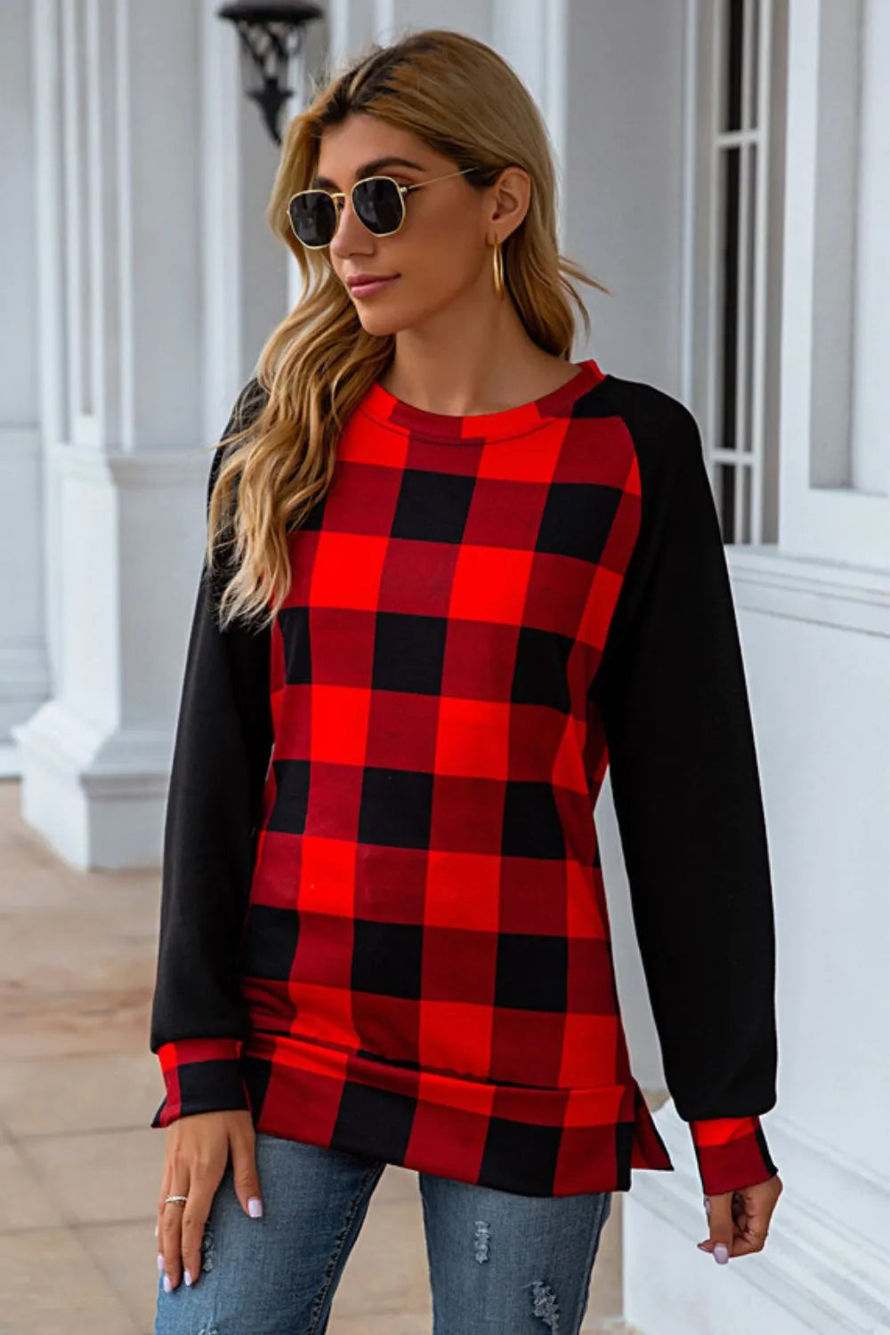 Plaid Round Neck Long Sleeve T-Shirt - Korvel