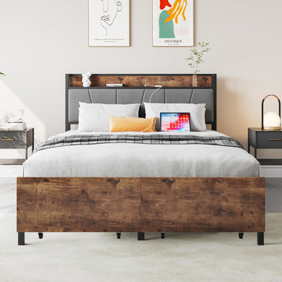 Full Size Bed Frame Storage Headboard with Charging Station and 2 Storage Drawers Vintage Brown and Gray - Korvel