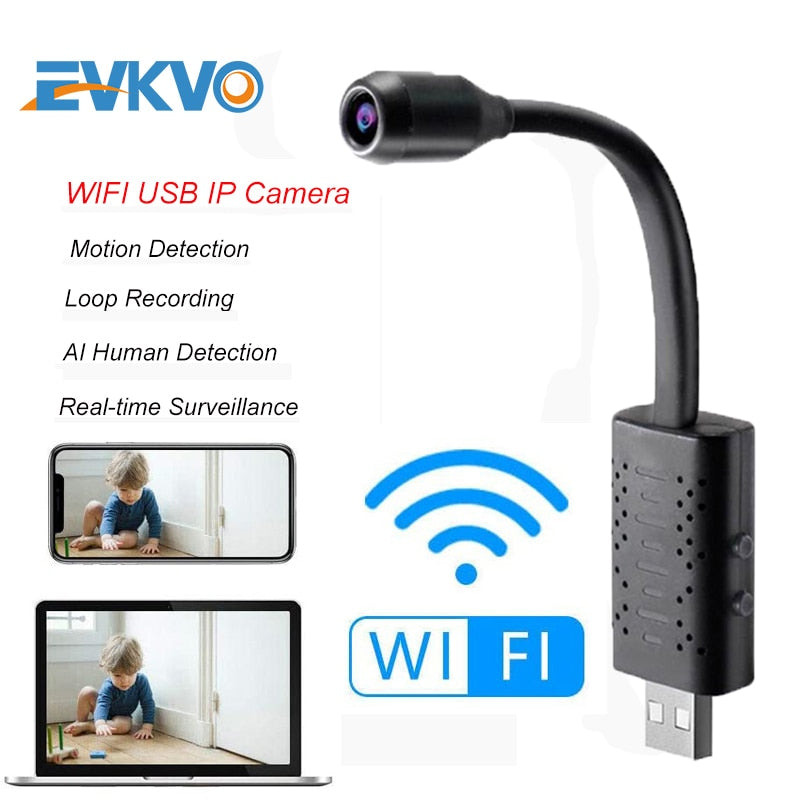 EVKVO HD Smart Mini Wifi USB Camera Real-time Surveillance IP Camera AI Human Detection Loop Recording Mini camera Support 64G - Korvel