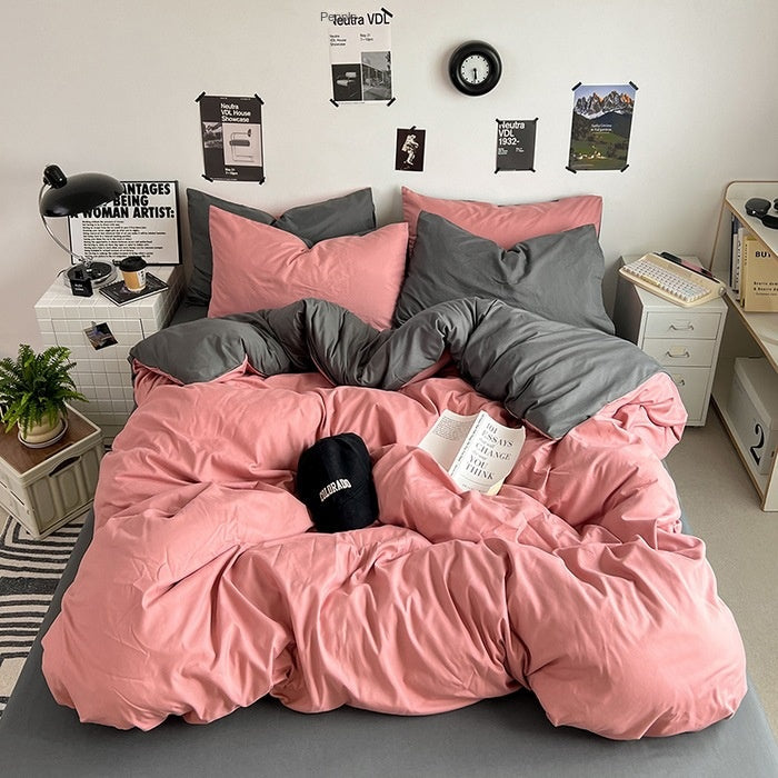 Washed Cotton Solid Color Double Spliced Four-Piece Bedding Set - Sheet, Quilt Cover, Pillowcases for Employee and Dormitory Use - Korvel