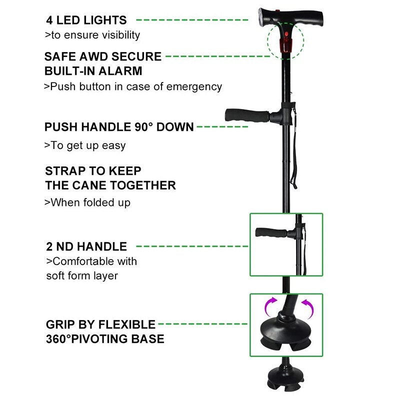 Collapsible Telescopic Cane Folding Crutch LED Lightweight Safety Walking Stick Gifts for The Elder - Korvel