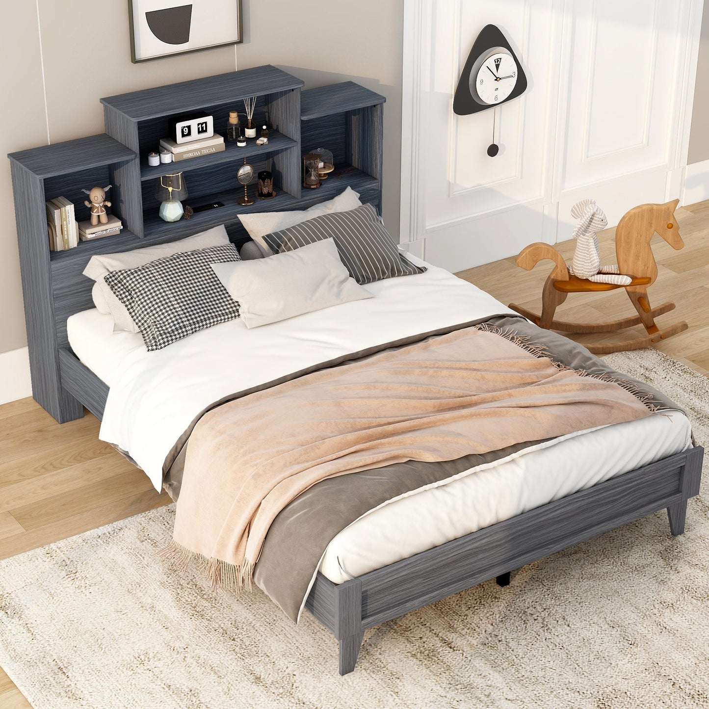 Queen Size Storage Platform Bed Frame with USB Charging - Gray