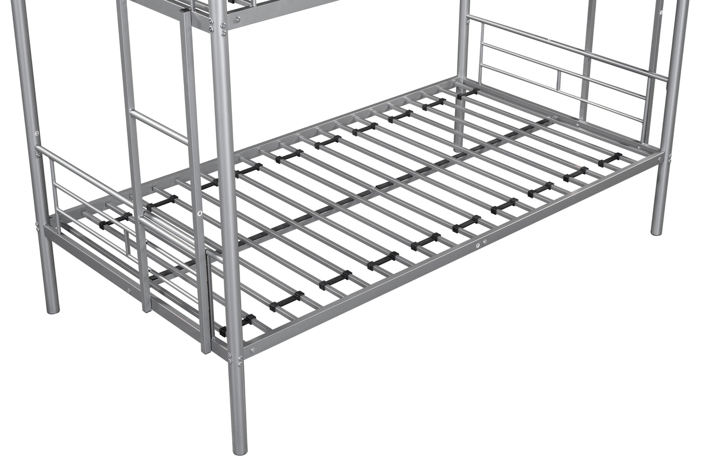 Metal bunk bed/sturdy/noise reduction/2 side ladders/safety guardrails/CPC certification/no spring box required (Silver) - Korvel
