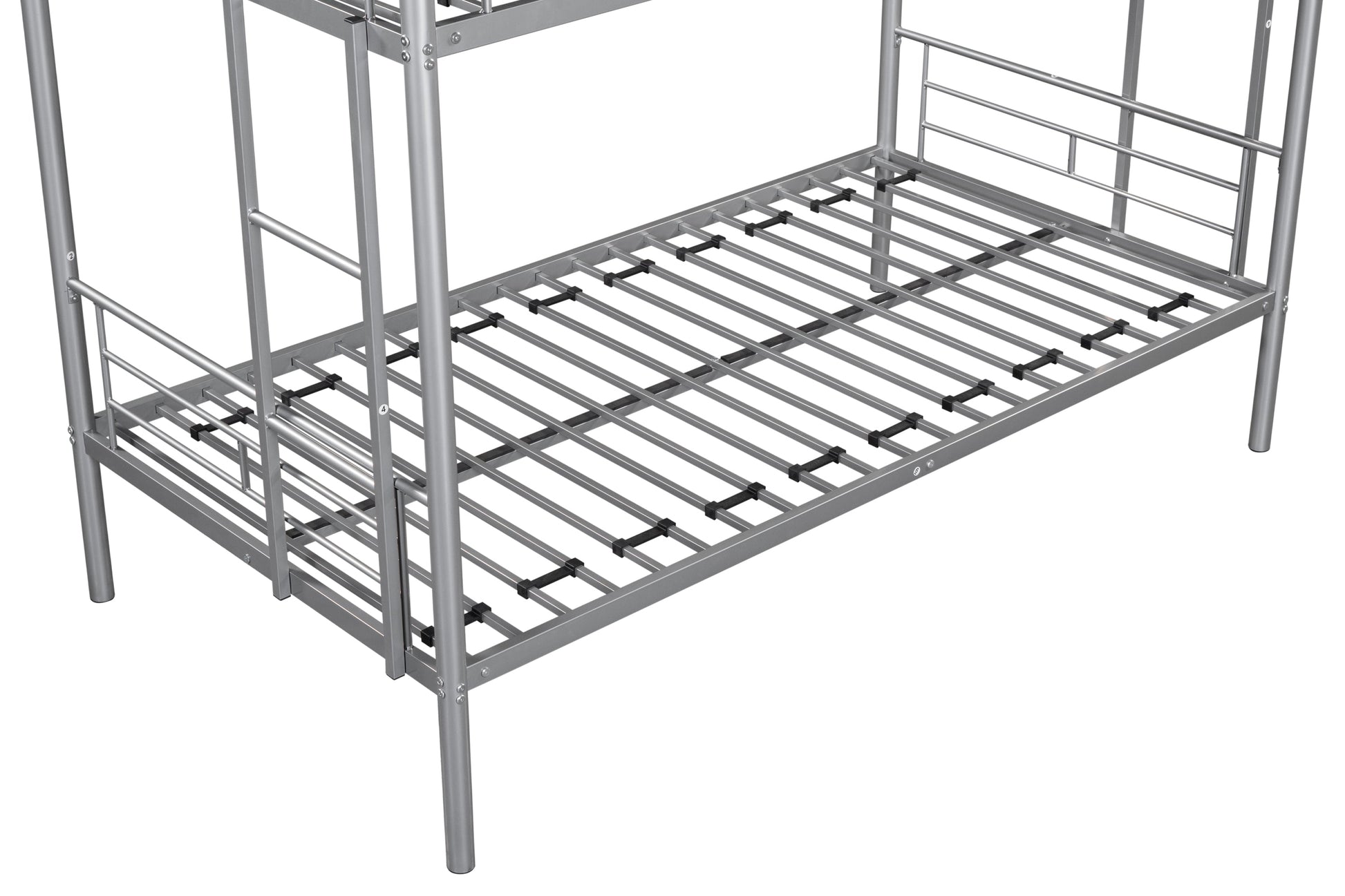 Metal bunk bed/sturdy/noise reduction/2 side ladders/safety guardrails/CPC certification/no spring box required (Silver) - Korvel