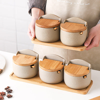 Japanese Ceramic Seasoning Jar Set with Bamboo Lid