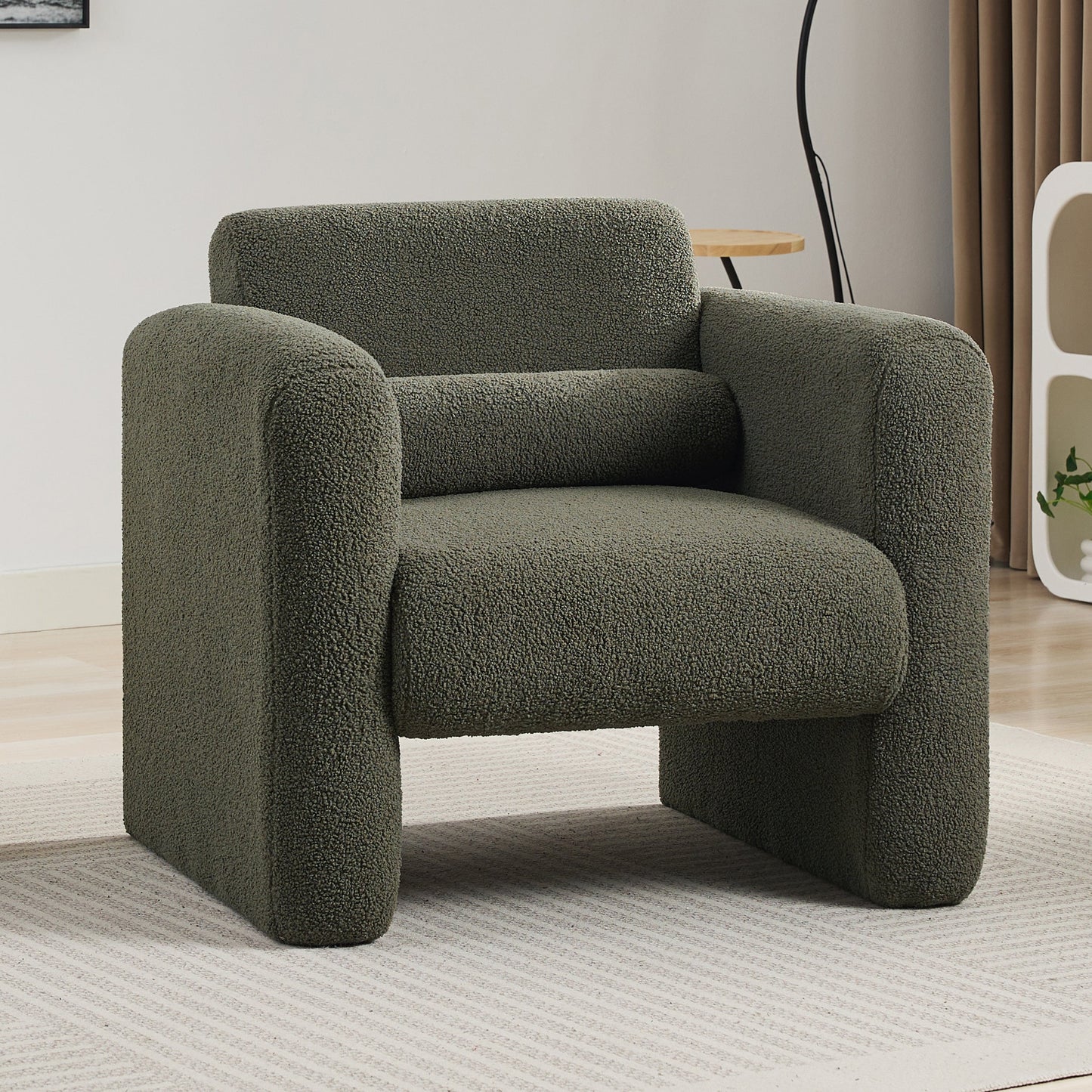 Modern style chair with sheepskin Sherpa fabric soft cushion, comfortable armchair, soft with backrest and pillow, seaweed green - Korvel
