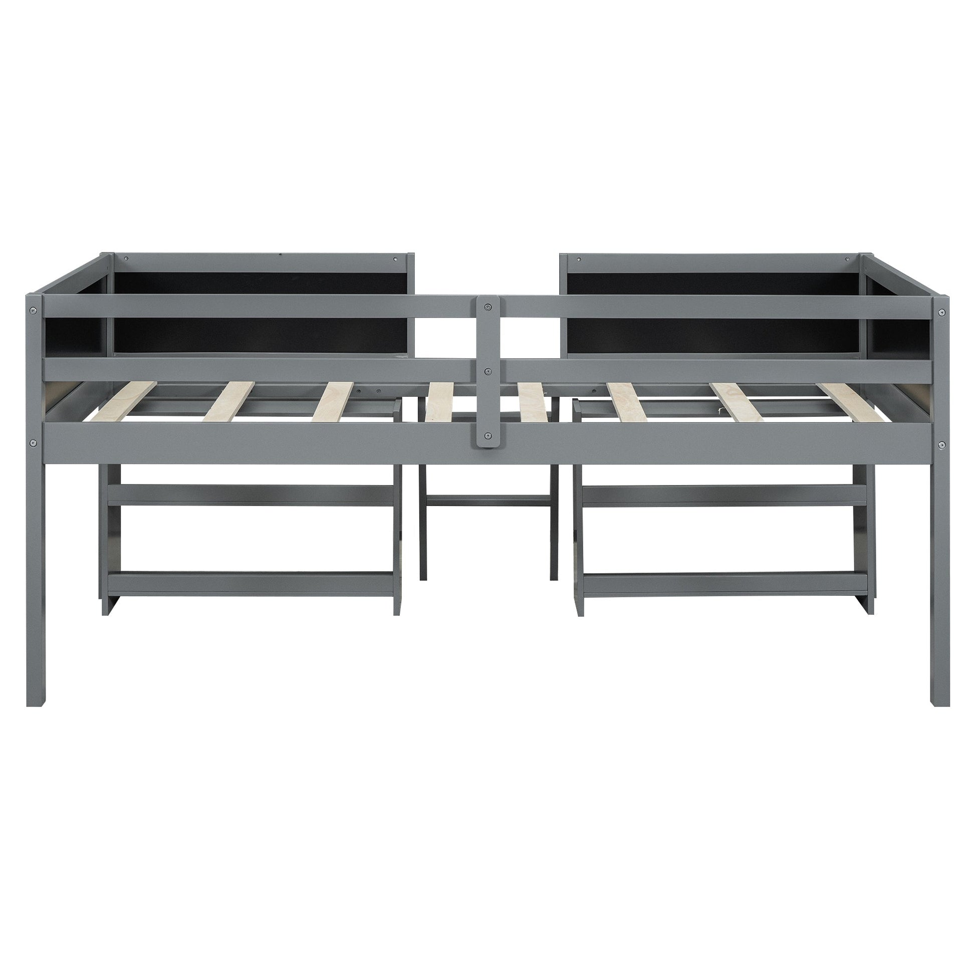 Twin Size Low Loft Bed with Two Movable Shelves and Ladder,with Decorative Guardrail Chalkboard,Gray - Korvel