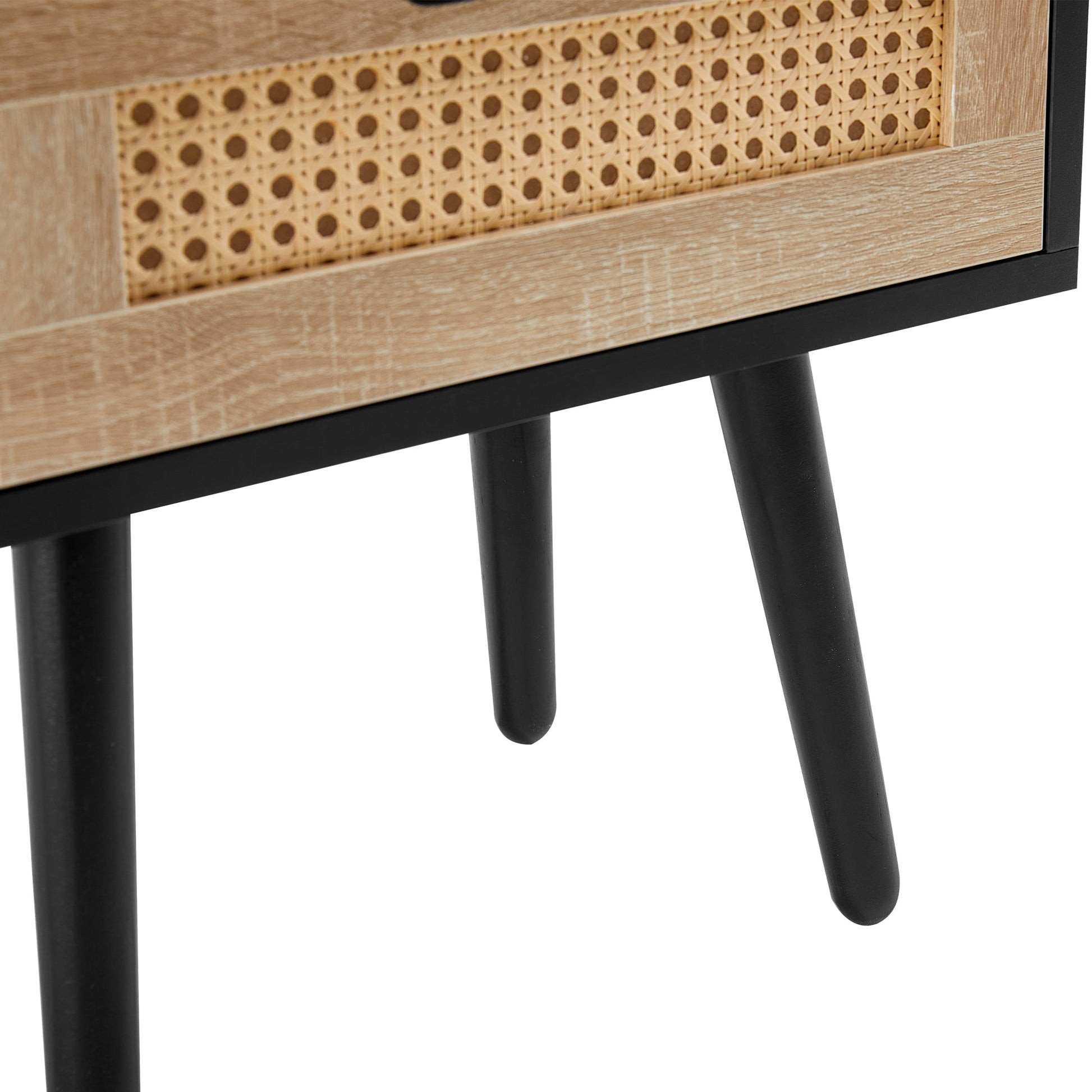 15.75" Rattan End table with drawer and solid wood legs Modern nightstand side table for living room black - Korvel