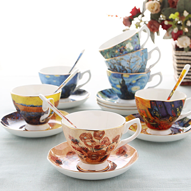 British Luxe Saucer and Spoon Afternoon Tea Cup with Van Gogh Oil Painting Design, Bone China Coffee Cup, Creative Souvenir Ceramic Mug - Korvel