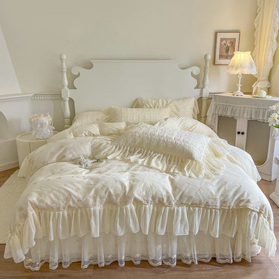 Lace rose embroidery all cotton four piece set pure cotton bed with cotton clip bed skirt duvet cover - Korvel