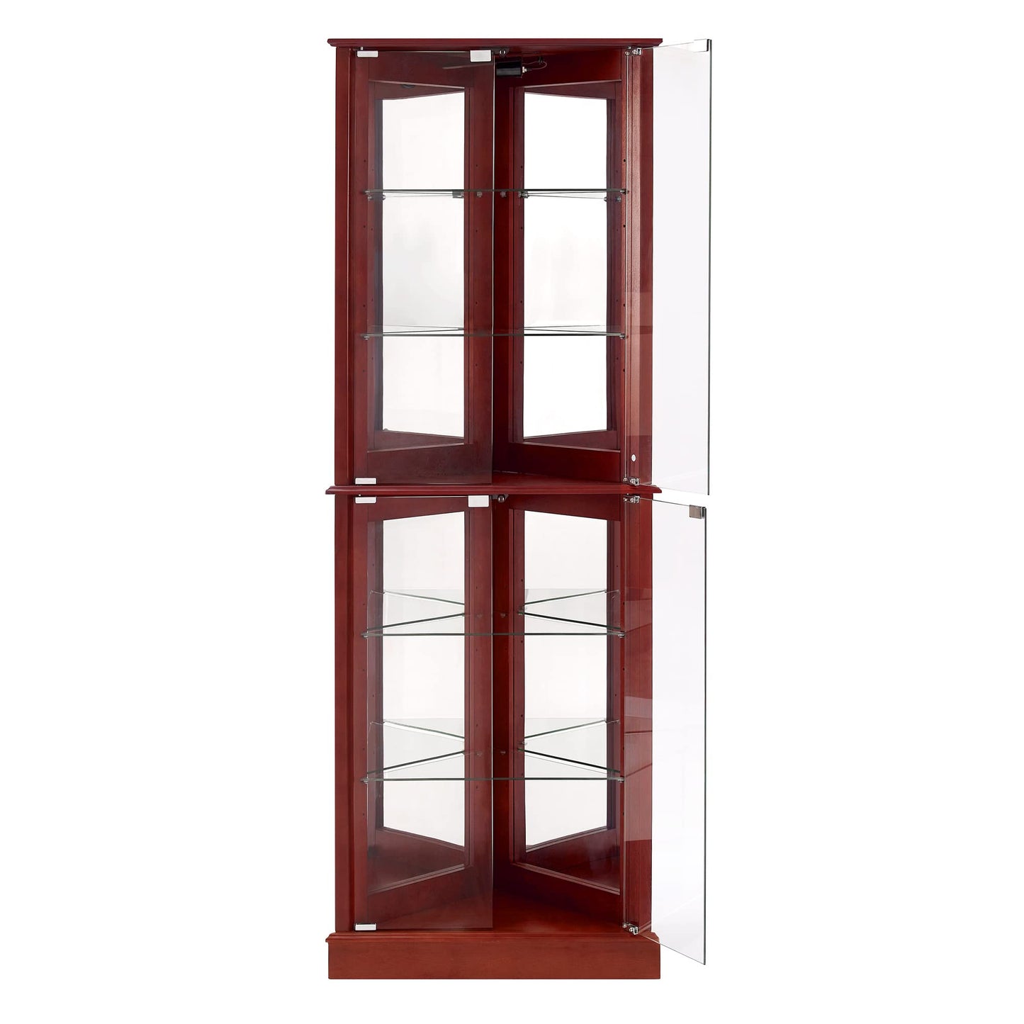 Corner Curio Dispaly Cabinet with Lights, Adjustable Tempered Glass Shelves, Mirrored Back,Cherry(E26 light bulb not included) - Korvel