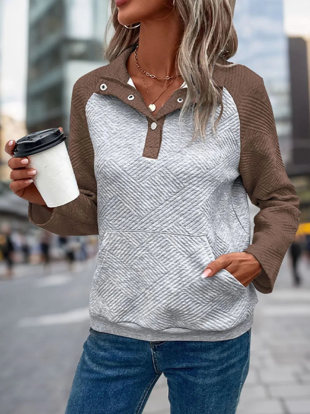Contrast Textured Long Sleeve Sweatshirt - Korvel