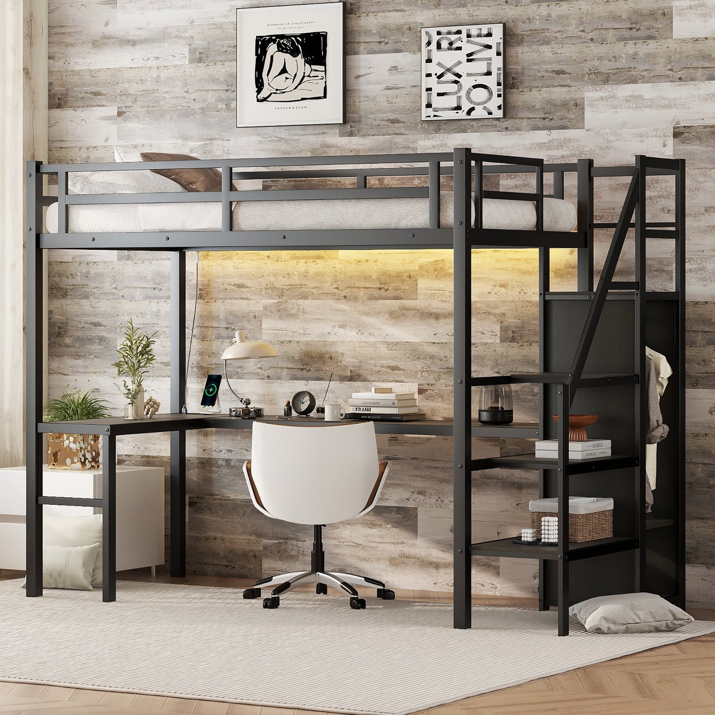 Twin XL Metal Loft Bed with L-shaped Desk and USB