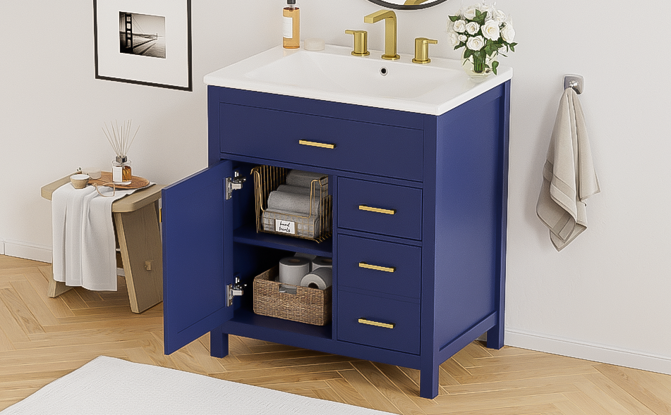 30-Inch Blue Bathroom Vanity with Ceramic Sink and Ample Storage - Ideal Choice for Small Bathrooms - Korvel