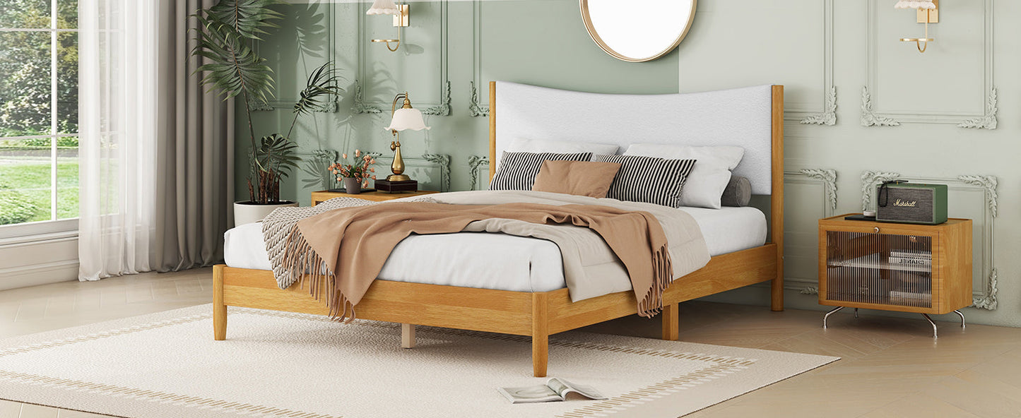 Queen Size Rubber Wooden , Solid Wooden Bed with Teddy Velvet Cushion Upholstered Headboard, Enhanced by Support Feet - Korvel