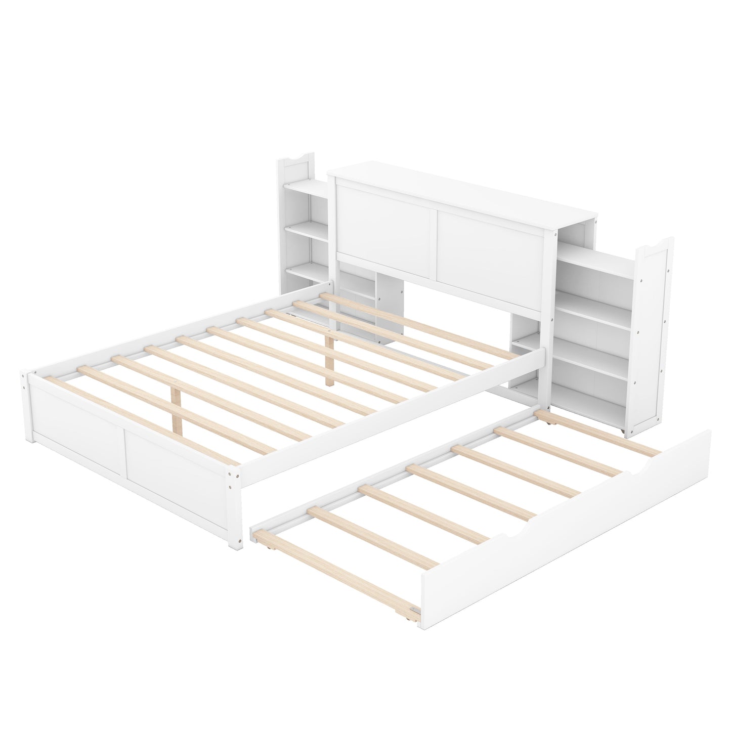 Queen Size Storage Platform Bed with Pull Out Shelves and Twin XL Size Trundle  White - Korvel