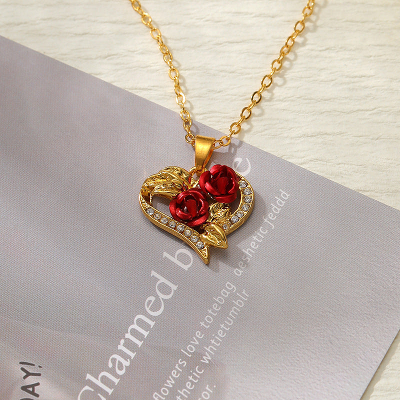 Creative Love Rose Heart Pendant Necklace For Women Exquisite Zircon Forever Necklace Romantic Valentines Day Jewelry - Korvel