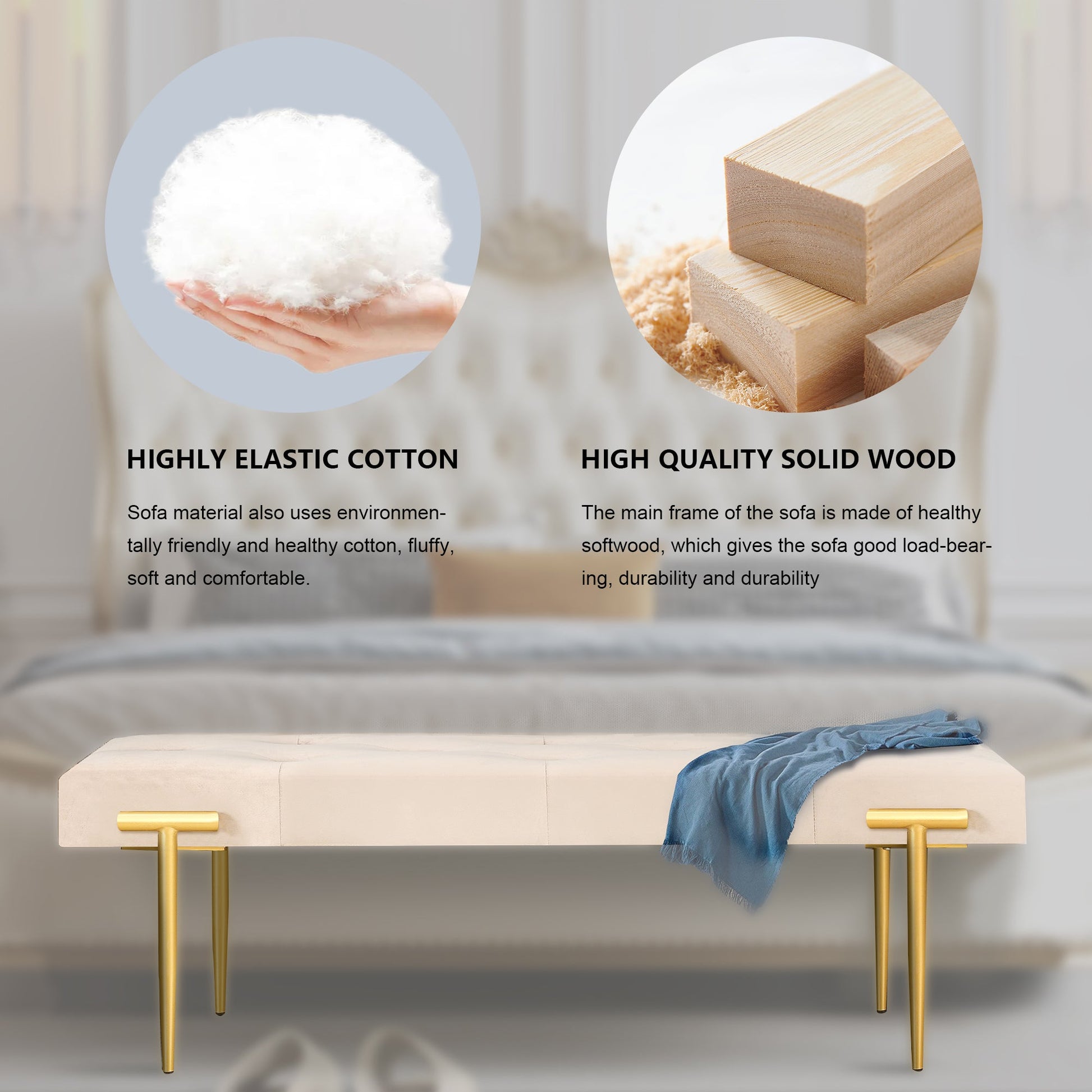 48'' Modern Ottoman Bench Velvet Bench Upholstered Footrest With Gold Metal Legs And Padded Seat For Bedroom Living Room - Korvel