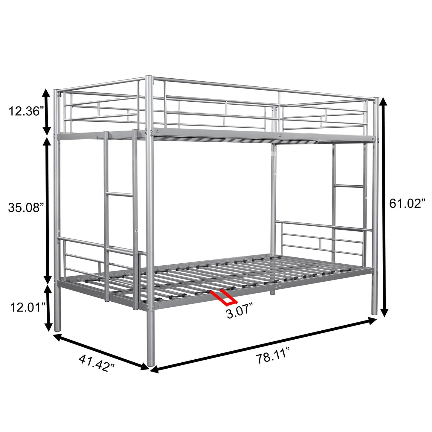 Metal bunk bed/sturdy/noise reduction/2 side ladders/safety guardrails/CPC certification/no spring box required (Silver) - Korvel