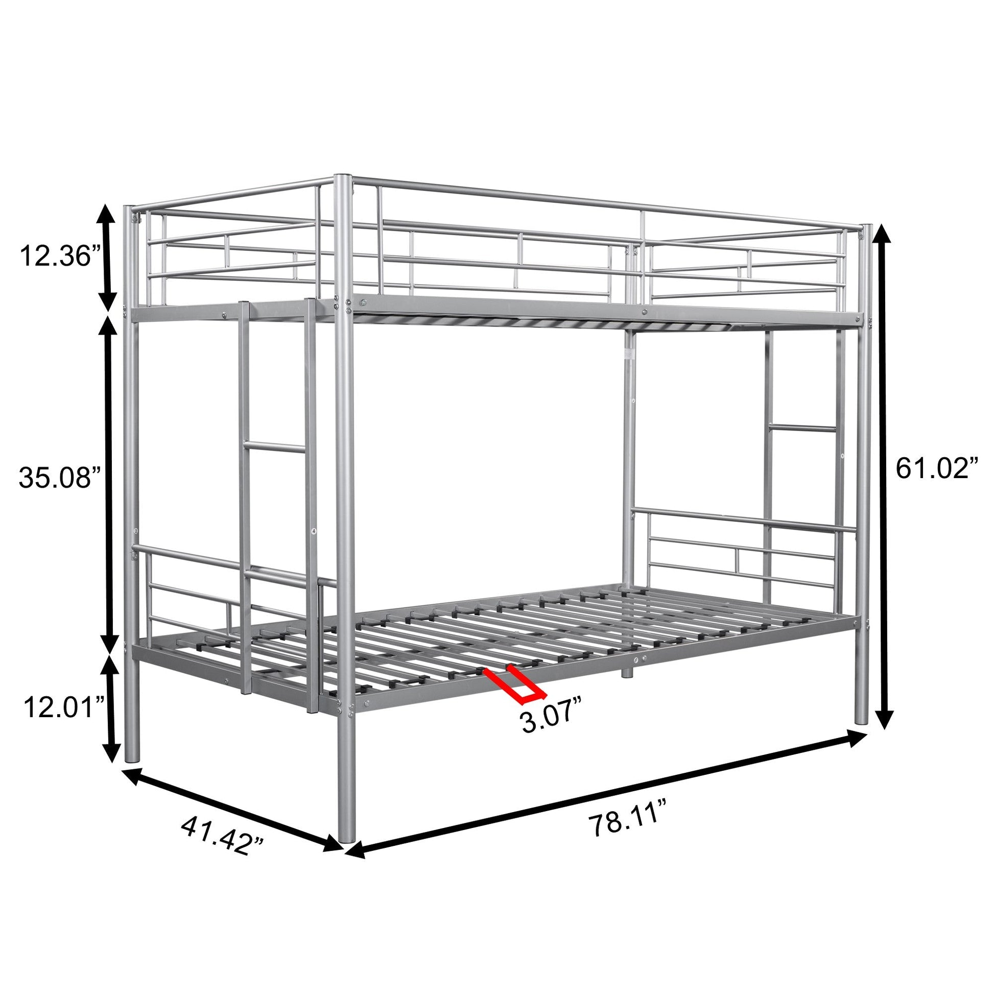 Metal bunk bed/sturdy/noise reduction/2 side ladders/safety guardrails/CPC certification/no spring box required (Silver) - Korvel