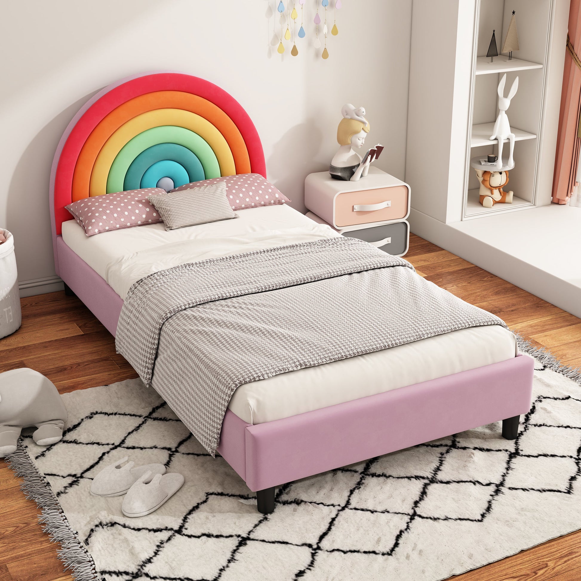 Rainbow Design Upholstered Twin Platform Bed Cute Style Princess Bed for Boys & Girls, Teens, Colorful & Pink - Korvel