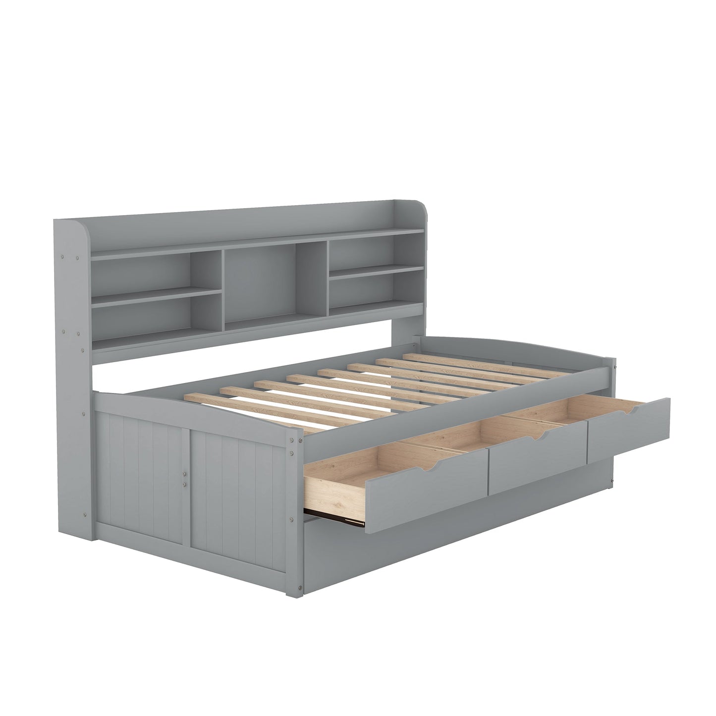 Twin Size Wooden Captain Bed with Built-in Bookshelves,Three Storage Drawers and Trundle Light Grey - Korvel