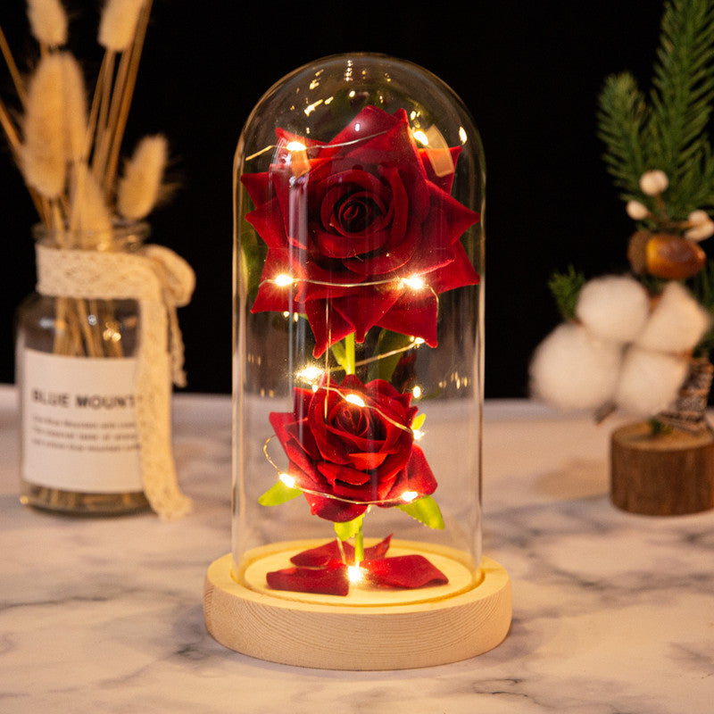 Christmas Valentine's Day Birthday Gift Two Roses Glass Cover Ornament LED Light Simulation Immortal Flower - Korvel