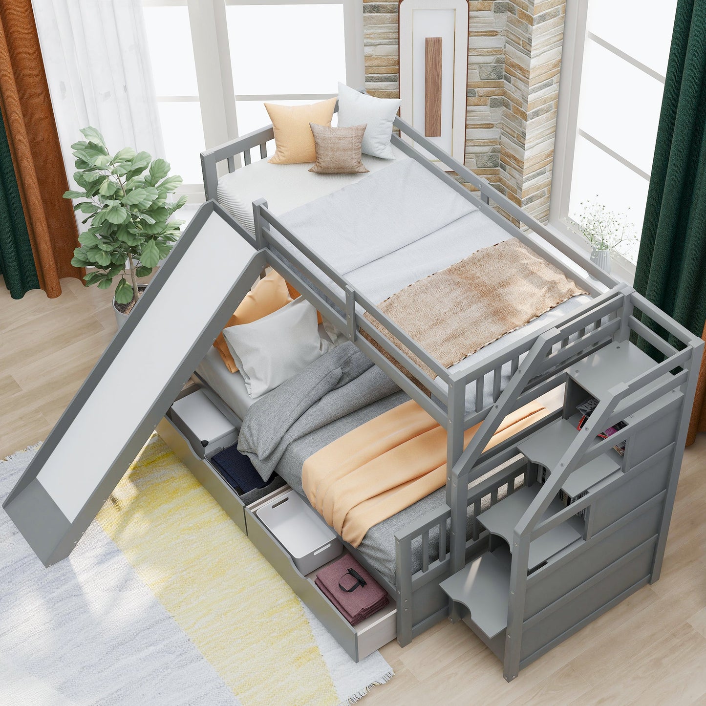 Lit superposé jumeau sur grand lit avec rangement et toboggan - Gris